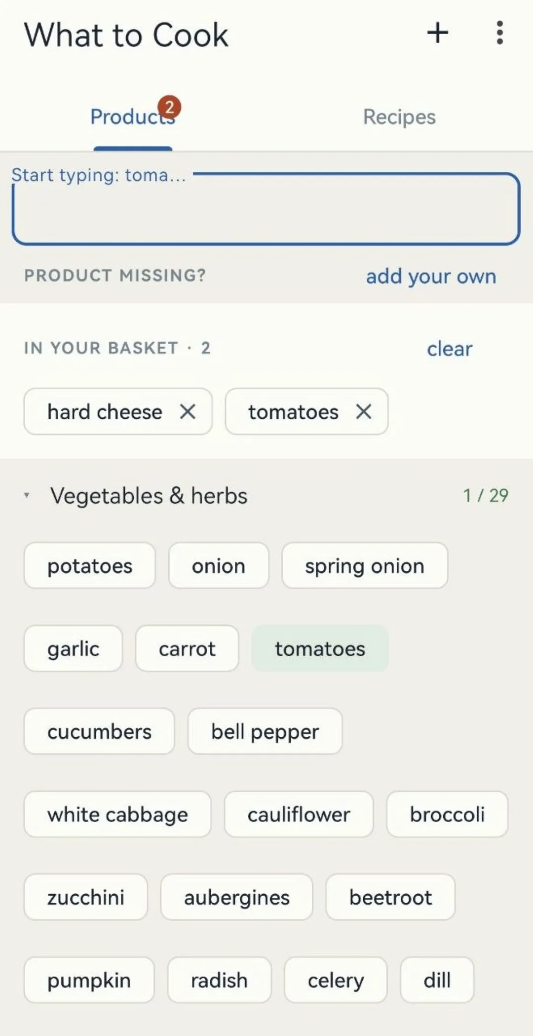 The products screen: search field, basket and the catalogue by category