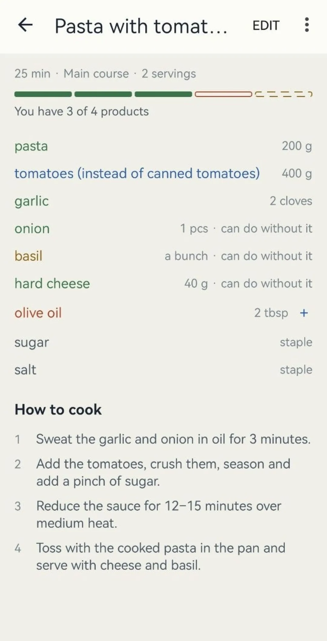 A recipe card: the ingredient list with amounts and the cooking steps