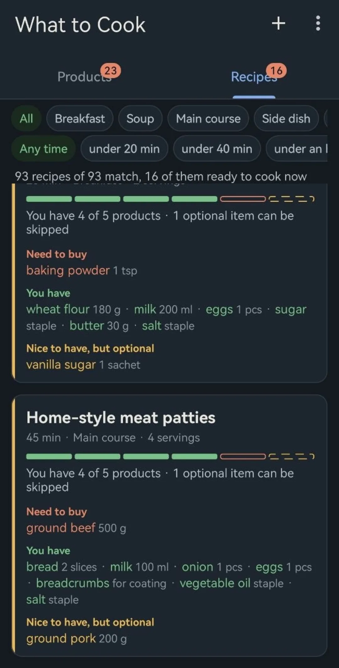 The list of matched recipes in the dark theme, with filters by dish and time
