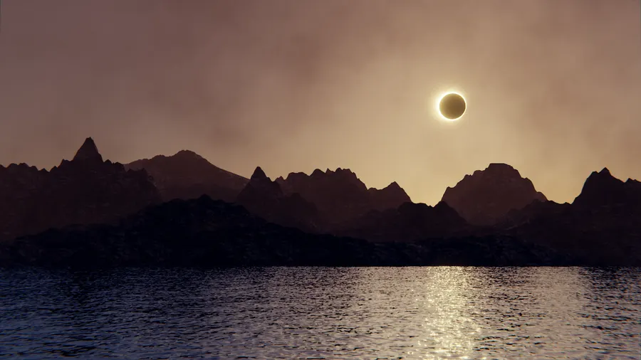 A solar eclipse over a dark mountain ridge, highlights on the water