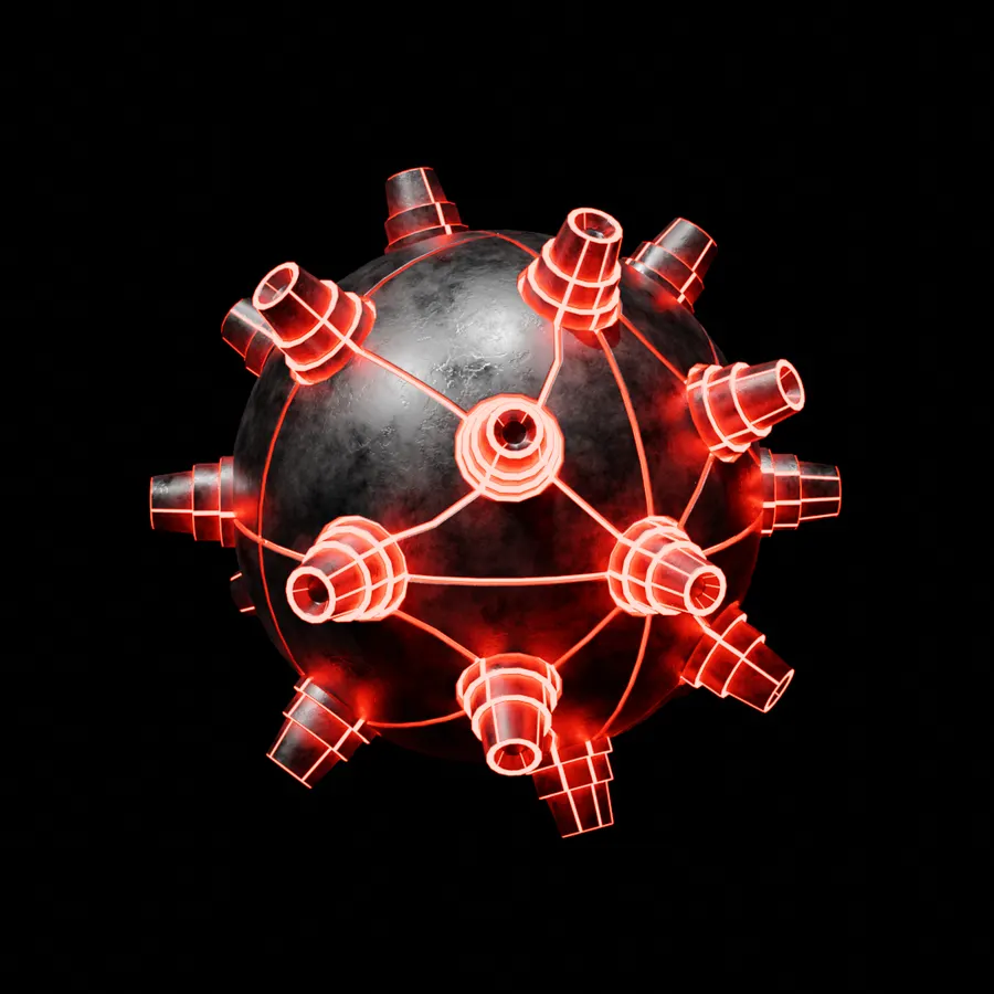 A dark sphere with red-glowing horns on a black background