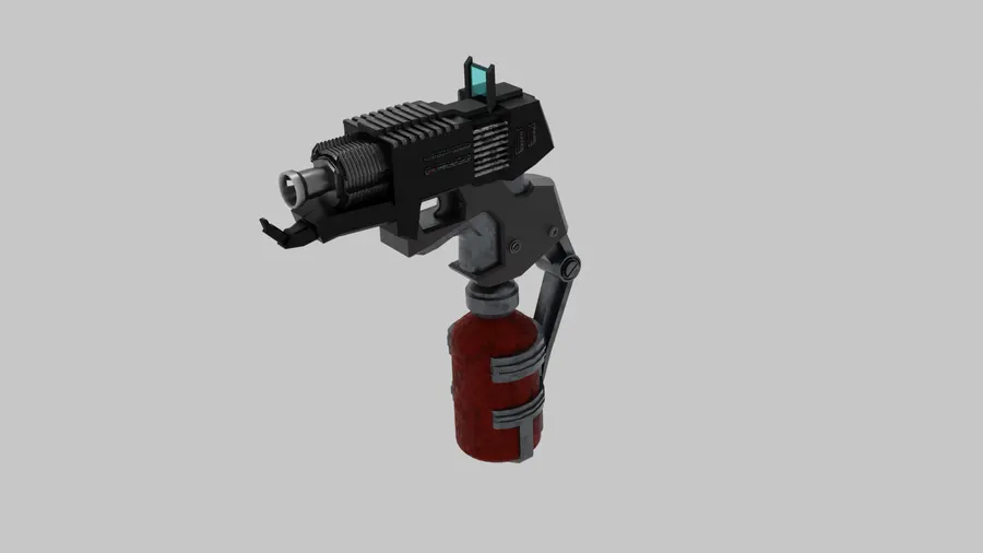 A dark sci-fi pistol with a red canister and a turquoise sight