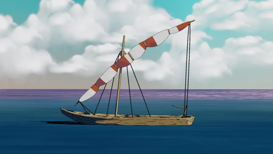 A wooden boat with a red and white sail on blue water under clouds