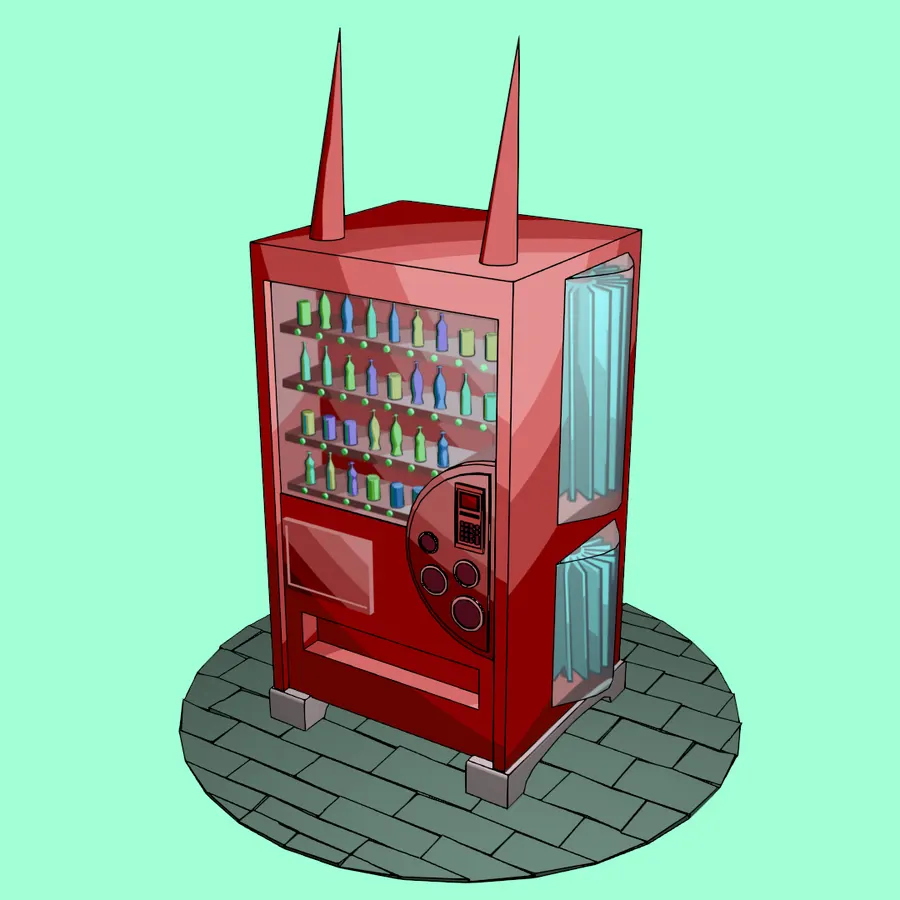 A red vending machine with bottles behind glass on a mint background