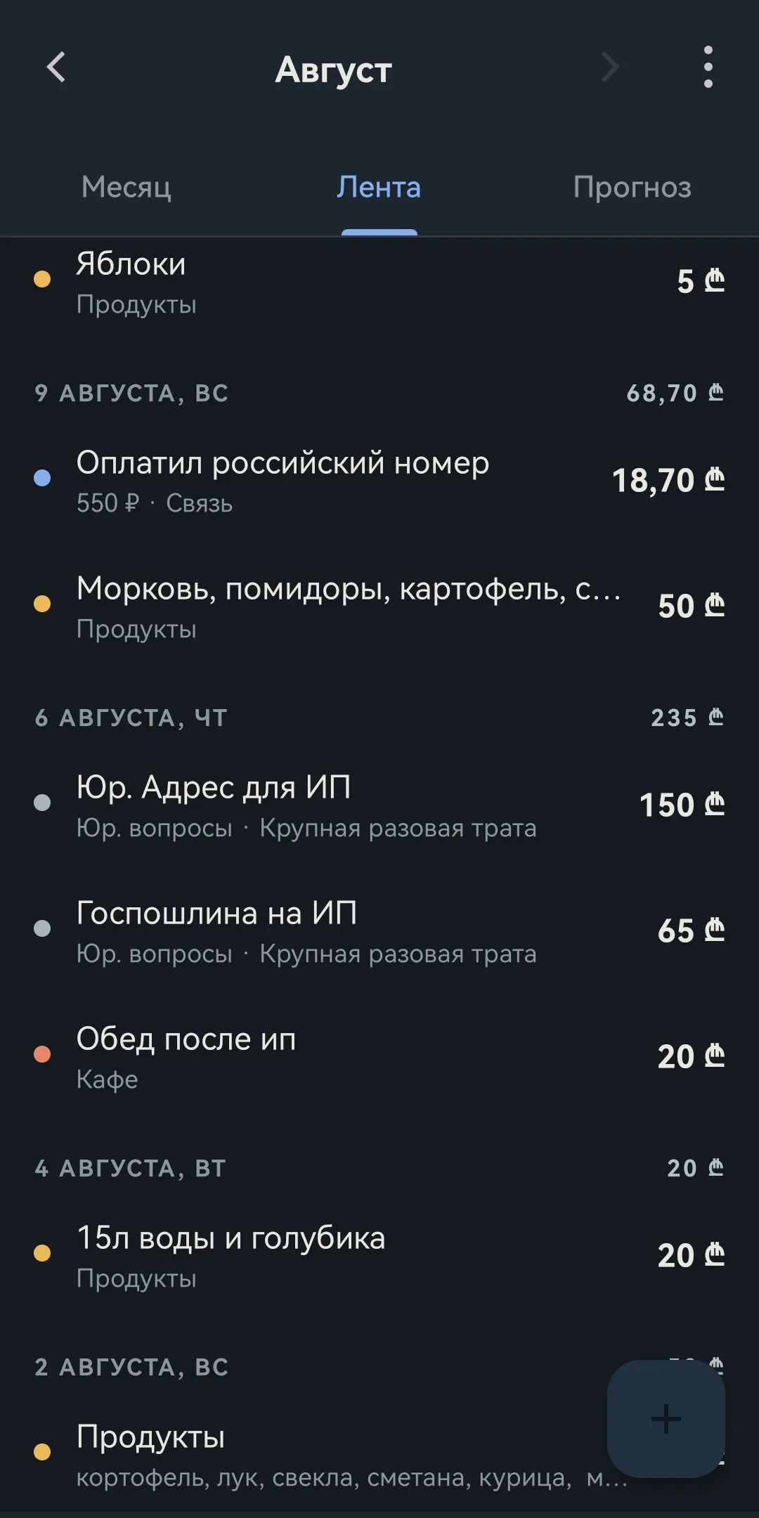 The feed of records grouped by day, with a total for each day