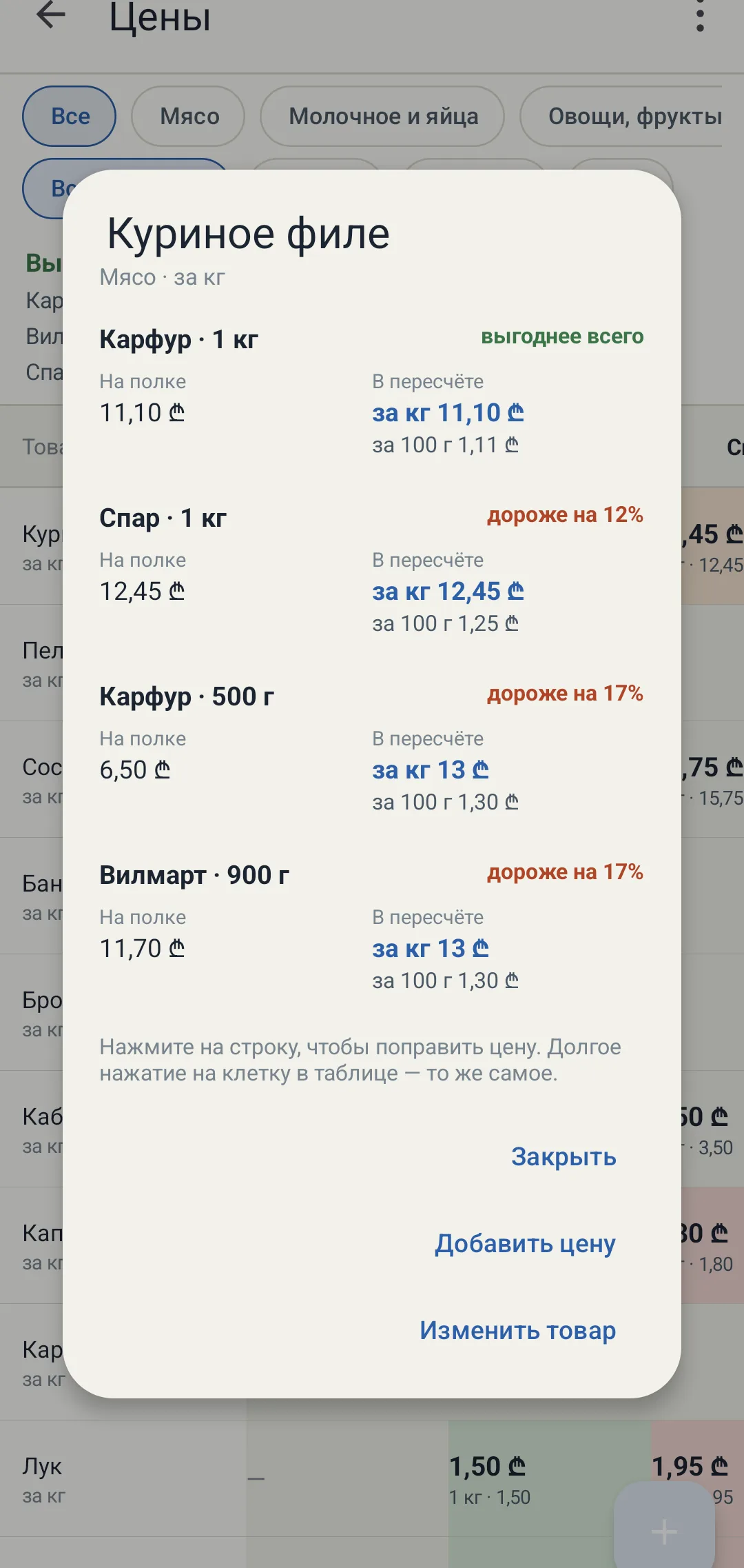 The item card: the shelf price and the unit price for each shop